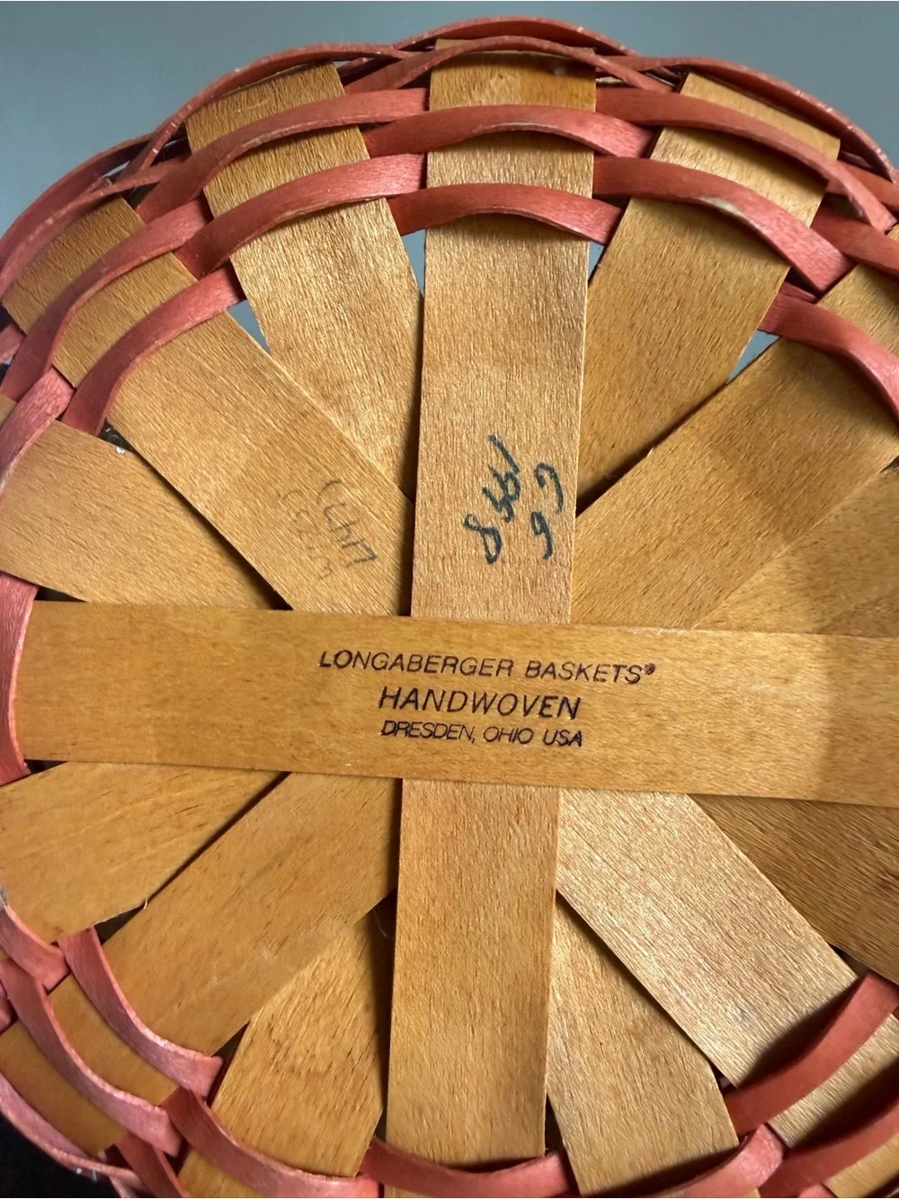 Longaberger Woven Basket With Red Trim And Bottom With Handle Marked Signed